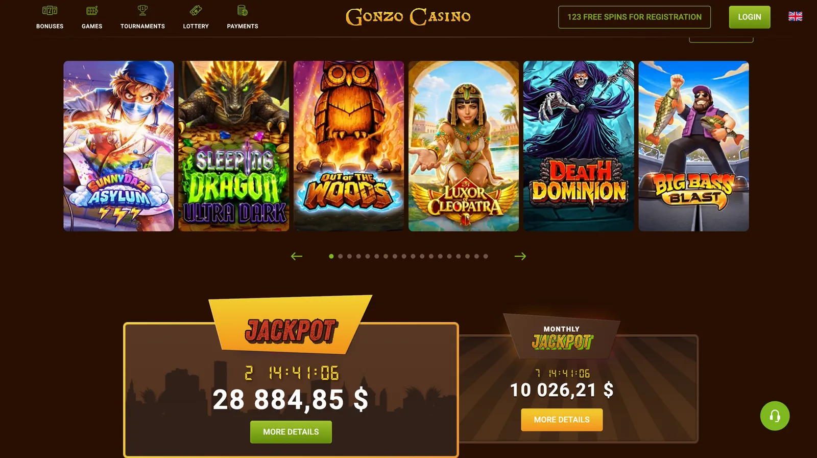 Strona główna kasyna internetowego Gonzo Casino z widocznym lobby gier